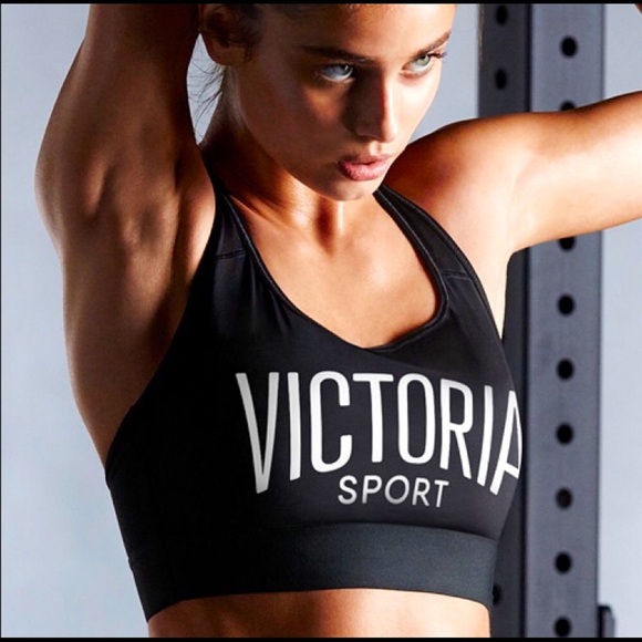 NEW! Victoria Sport Spellout Graphic The Player Sports BRA Black White SZ M - Picture 1 of 12